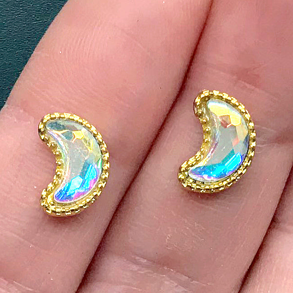Rainbow Moon Shaped Rhinestones with Setting | AB Clear Faceted Glass Rhinestones | Faux Iridescent Gemstones | Kawaii Jewellery Making (2 pcs / 7mm x 10mm)