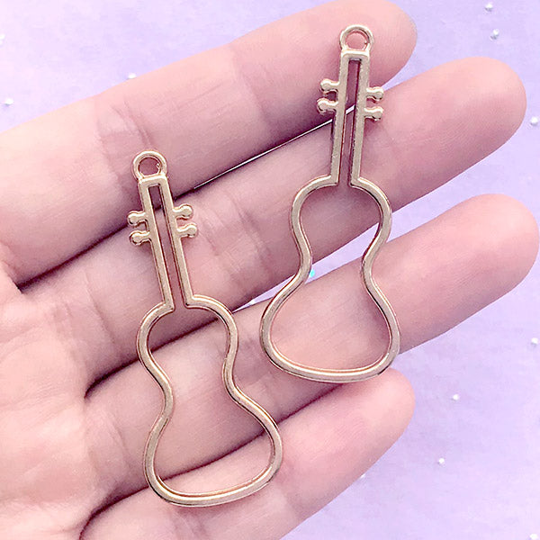 Guitar Open Back Bezel Charm | Hollow Musical Instrument Deco Frame for UV Resin Filling | Kawaii Jewellery DIY (2 pcs / Gold / 19mm x 47mm)
