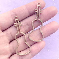 Guitar Open Back Bezel Charm | Hollow Musical Instrument Deco Frame for UV Resin Filling | Kawaii Jewellery DIY (2 pcs / Gold / 19mm x 47mm)