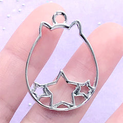 Magical Cat Open Bezel Charm | Fat Kitty with Star Deco Frame | Kawaii UV Resin Jewelry DIY (1 piece / Silver / 25mm x 34mm / 2 Sided)