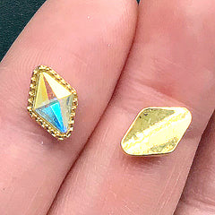 AB Clear Rhombus Rhinestones with Setting | Iridescent Glass Rhinestones | Fake Faceted Gemstones | Kawaii Jewelry Making (2 pcs / 7mm x 10mm)
