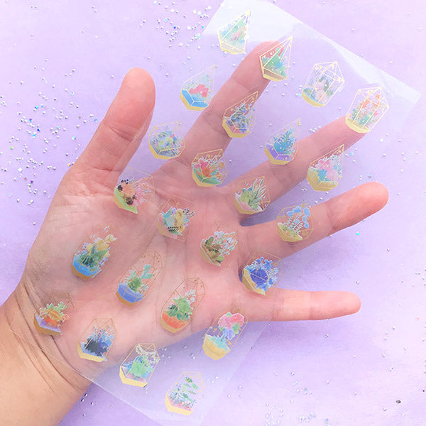 Geometric Terrarium Flower Plant Stickers with Gold Foil | Irregular Modern Clear Glass Flower Pot Sticker | Floral Clear Film for Resin Crafts