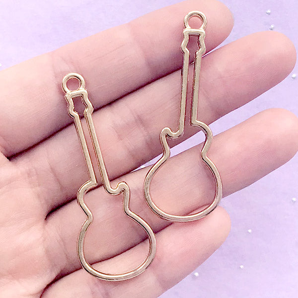 Acoustic Guitar Open Bezel Pendant | Musical Instrument Charm | Music Deco Frame | UV Resin Craft Supplies (2 pcs / Gold / 18mm x 49mm)