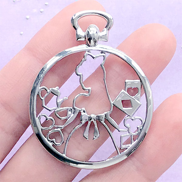 Kawaii Pocket Watch Open Back Bezel | Alice in Wonderland and Poker Card Deco Frame for UV Resin Filling (1 piece / Silver / 34mm x 44mm)