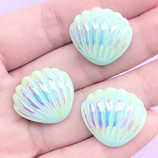 Iridescent Seashell Cabochon | Mermaid Decoden Phone Case Making | Beach Decor | Marine Life Embellishments (3 pcs / Green / 21mm x 19mm)