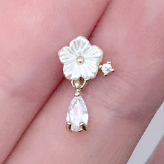 Sakura with Teardrop Dangle Nail Charm | Cherry Blossom Metal Embellishment with Rhinestones | Flower Resin Inclusion (1 piece / 8mm x 14mm)