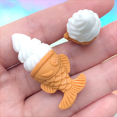 Taiyaki Ice Cream Cabochons | Miniature Sweet Deco | Kawaii Jewelry DIY | Doll Food Craft Supplies (2 pcs / Vanilla White / 17mm x 39mm)