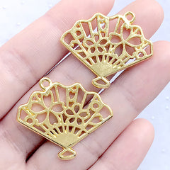 Cherry Blossom Fan Open Bezel Charm | Oriental Sakura Hand Fan Deco Frame of UV Resin Filling (2 pcs / Gold / 31mm x 27mm)