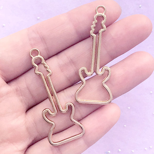 Electric Guitar Open Bezel | Musical Instrument Pendant | Music Charm | Deco Frame for UV Resin Filling (2 pcs / Gold / 17mm x 45mm)