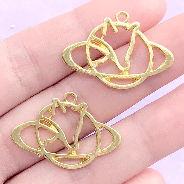 Fox Planet Saturn Open Back Bezel Charm | Kawaii Deco Frame for UV Resin Filling | Resin Jewelry DIY (2 pcs / Gold / 29mm x 20mm)
