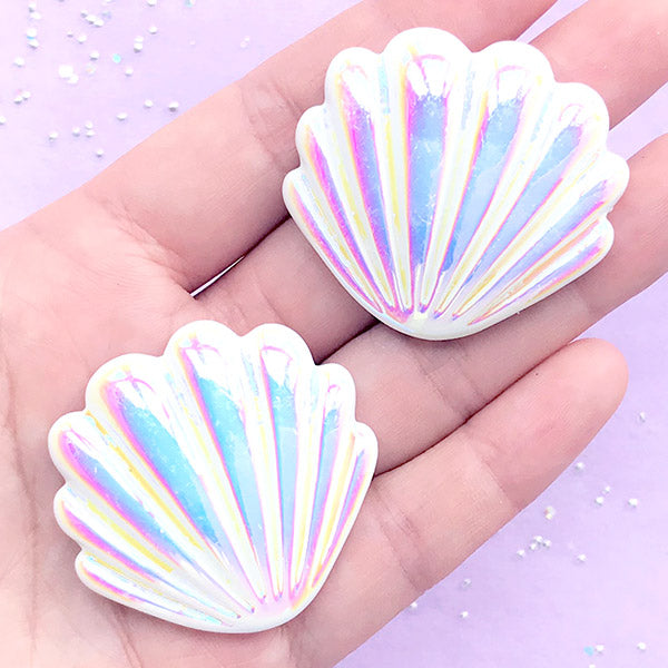AB White Aura Seashell Cabochon | Iridescent Resin Cabochons | Mermaid Decorations (2 pcs / White / 40mm x 38mm)