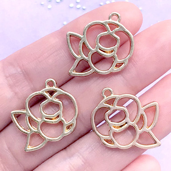 Rose Flower Open Bezel Charm | Small Floral Deco Frame for UV Resin Filling | Resin Jewellery DIY (3 pcs / Gold / 20mm x 18mm)