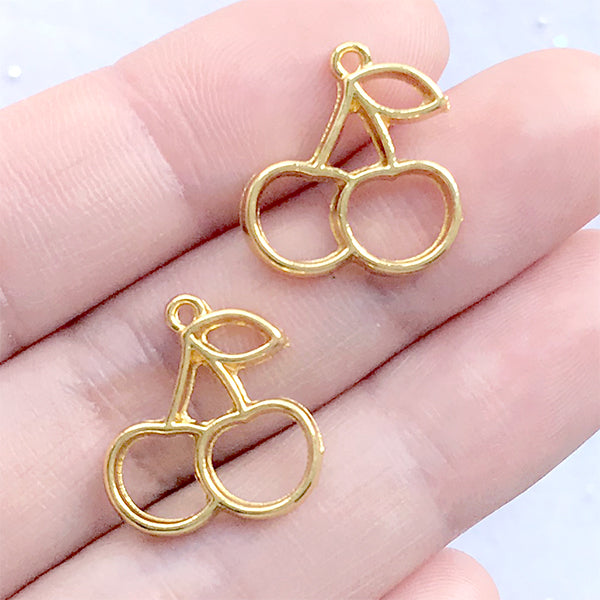 Small Cherry Open Bezel Charm | Fruit Deco Frame for UV Resin Filling | Kawaii Jewellery DIY (2 pcs / Gold / 16mm x 17mm)