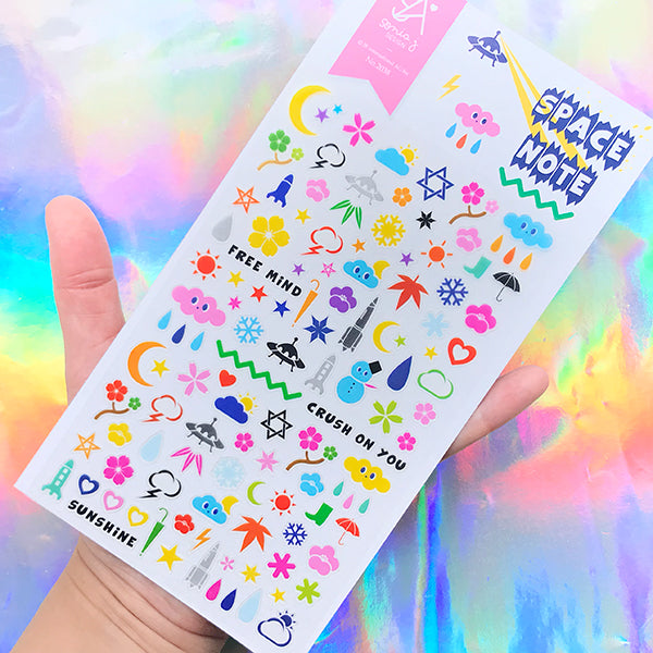 Colorful PVC Deco Stickers | UFO Rocket Spaceship Cloud Snowman Snowflake Sakura Moon Sticker | Home Decoration