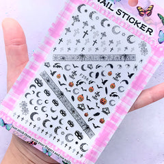 Gothic Halloween Stickers | Magical Moon Religion Cross Spider Web Pumpkin Bat Sticker | Resin Inclusions | Nail Designs