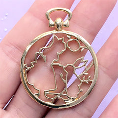 Alice and White Rabbit Pocket Watch Open Bezel Charm | Alice in Wonderland Deco Frame for UV Resin (1 piece / Gold / 34mm x 44mm)