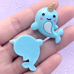 Unicorn Dolphin Cabochons | Kawaii Animal Decoden Pieces | Marine Life Embellishment | Kawaii Jewelry Supplies (2 pcs / Blue / 25mm x 32mm)