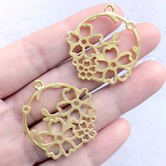 Cherry Blossom Circle Open Bezel Charm | Round Sakura Deco Frame | Flower Pendant | UV Resin Jewellery Supplies (2 pcs / Gold / 31mm x 33mm)