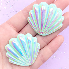 Large Aura Shell Cabochon | Iridescent Decoden Cabochons | Kawaii Mermaid Embellishments | Beach Decorations (2 pcs / Green / 40mm x 38mm)