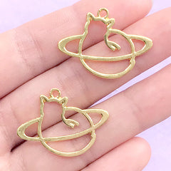 Kitty Planet Saturn Open Bezel for UV Resin Filling | Cat Saturn Charm | Kawaii Animal Deco Frame (2 pcs / Gold / 29mm x 22mm)