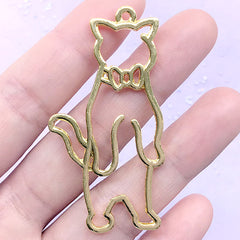 Standing Cat with Bow Open Bezel Charm | Kawaii Animal Deco Frame for UV Resin Filling (1 piece / Gold / 29mm x 56mm)
