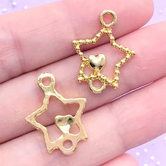 Beaded Star with Heart Open Bezel Connector Charm | Kawaii Deco Frame For UV Resin Jewellery DIY (4 pcs / Gold / 17mm x 22mm)