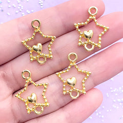 Beaded Star with Heart Open Bezel Connector Charm | Kawaii Deco Frame For UV Resin Jewellery DIY (4 pcs / Gold / 17mm x 22mm)