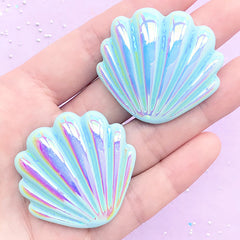 Aura Seashell Cabochon | Iridescent Decoden Cabochons | Sea Ocean Embellishments | Kawaii Jewelry Supplies (2 pcs / Blue / 40mm x 38mm)