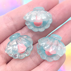 Glittery Sea Shell and Pearl Cabochons in 3D | Mermaid Embellishments | Kawaii Decoden Supplies (3 pcs / Blue / 21mm x 19mm)
