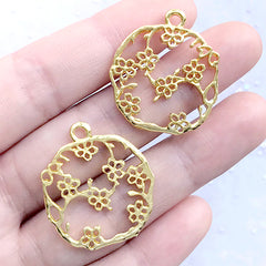 Sakura Branch Circle Open Back Bezel Charm | Round Cherry Blossom Deco Frame of UV Resin Filling | Floral Pendant (2 pcs / Gold / 25mm x 28mm)