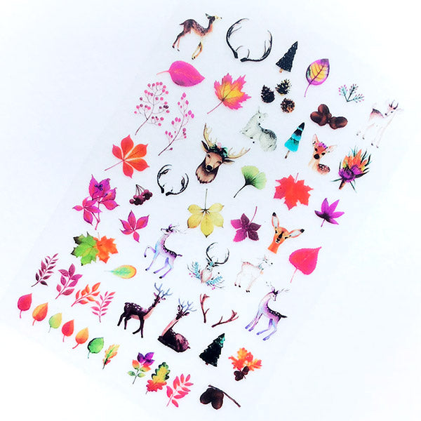 Reindeer and Autumn Leaves Clear Film Sheet | Forrest Animal and Nature Embellishments for Resin Art Decoration