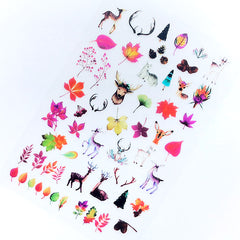 Reindeer and Autumn Leaves Clear Film Sheet | Forrest Animal and Nature Embellishments for Resin Art Decoration