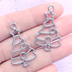 Kawaii Christmas Tree Open Bezel Pendant | Cute Deco Frame for UV Resin Filling | Christmas Jewelry DIY (2 pcs / Silver / 21mm x 34mm)