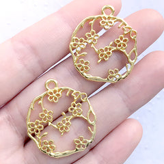 Sakura Branch Circle Open Back Bezel Charm | Round Cherry Blossom Deco Frame of UV Resin Filling | Floral Pendant (2 pcs / Gold / 25mm x 28mm)