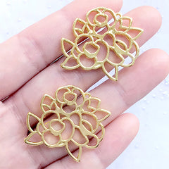 Rose Bouquet Open Back Bezel Charm | Floral Deco Frame for UV Resin Filling | Flower Pendant (2 pcs / Gold / 31mm x 27mm)