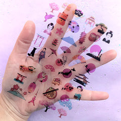 Traditional Japanese Culture Clear Film for Resin Art | Japan Geisha Geta Mount Fuji Sushi Sakura Torri Gate Hand Fan Embellishments