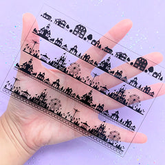 Amusement Park Clear Film Sheet | Theme Park Castle and Ferris Wheel Silhouette Embellishments | UV Resin Inclusions