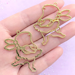 CLEARANCE Dancing Bunny Open Bezel Charm | Kawaii Rabbit Dancer Pendant | Animal Deco Frame | Resin Jewelry DIY (2 pcs / Gold / 33mm x 43mm)
