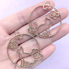 Kitty and Sakura Circle Open Bezel Charm | Flower and Animal Deco Frame for UV Resin Filling (2 pcs / Gold / 36mm x 41mm)