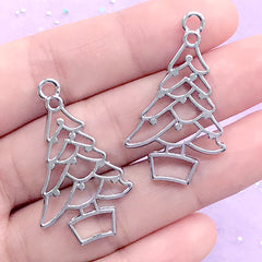 Christmas Tree Open Back Bezel Charm | Christmas Deco Frame | Holiday UV Resin Jewelry Supplies (2 pcs / Silver / 21mm x 36mm)