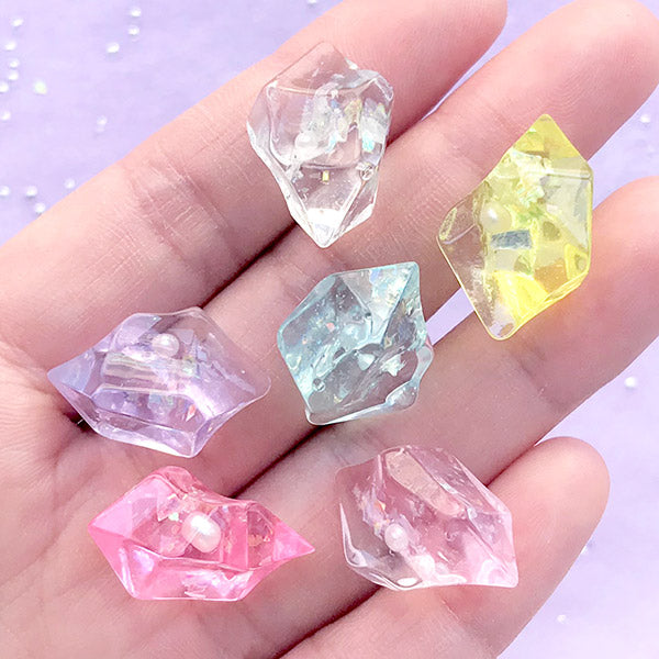 Gemstone Resin Cabochon with Glitter and Pearl | Crystal Embellishments | Faux Gems | Kawaii Decoden Supplies (6 pcs / Mix / 14mm x 22mm)
