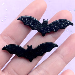 Bat Cabochon with Glitter | Halloween Embellishments | Kawaii Goth Jewelry Supplies | Creepy Cute Decoden Pieces (2 pcs / Black / 43mm x 15mm)