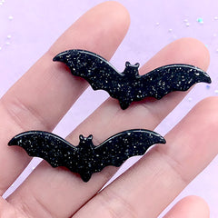 Bat Cabochon with Glitter | Halloween Embellishments | Kawaii Goth Jewelry Supplies | Creepy Cute Decoden Pieces (2 pcs / Black / 43mm x 15mm)