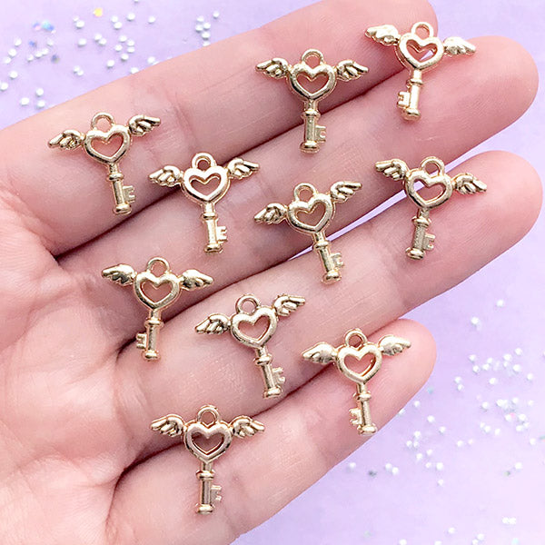 Tiny Winged Heart Key Charm | Mini Magic Key Wand Pendant | Kawaii Magical Girl Jewelry DIY (10 Pcs / Gold / 15mm x 14mm)