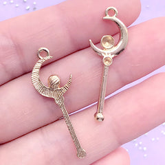 Magical Girl Moon Wand Charm | Mahou Kei Pendant | Kawaii Jewelry Supplies (2 pcs / Gold / 11mm x 33mm)