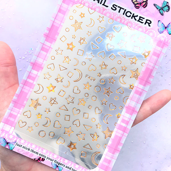 Gold Foiled Star Moon Heart Stickers | Gold Foil Embellishments for Resin Art | Kawaii Nail Deco