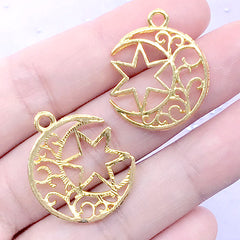 DEFECT Filigree Moon and Hexagram Open Bezel Pendant | Magical Girl Deco Frame for UV Resin Filling (2 pcs / Gold / 21mm x 25mm)