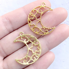 Kawaii Moon Open Back Bezel Charm | Filigree Moon and Star Deco Frame for UV Resin Filling (2 pcs / Gold / 23mm x 28mm)