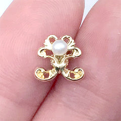 Baroque Scroll Nail Charm with Pearl | Mini Metal Embellishment for Nail Designs | Resin Inclusion (3 pcs / Gold / 9mm x 9mm)