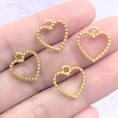 Mini Heart Open Bezel Charm with Beaded Border | Small Deco Frame for UV Resin Filling | Resin Jewellery Supplies (4 pcs / Gold / 13mm x 14mm)